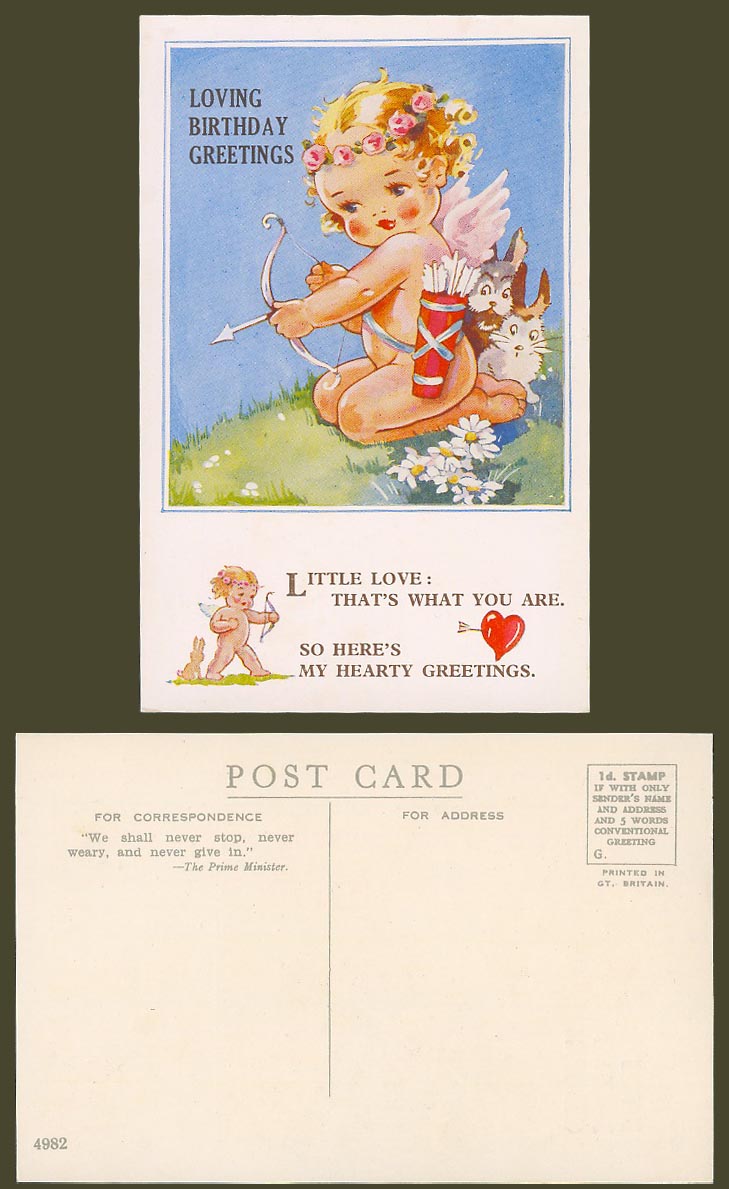 Agnes Richardson Old Postcard Loving Birthday Greetings, Cupid Girl Bow Rabbits
