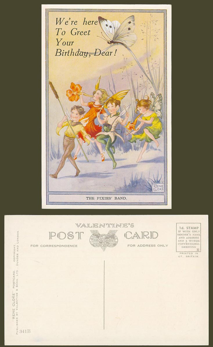 RENE CLOKE Old Postcard Butterfly Fairies We're Here to Greet Your Birthday Dear