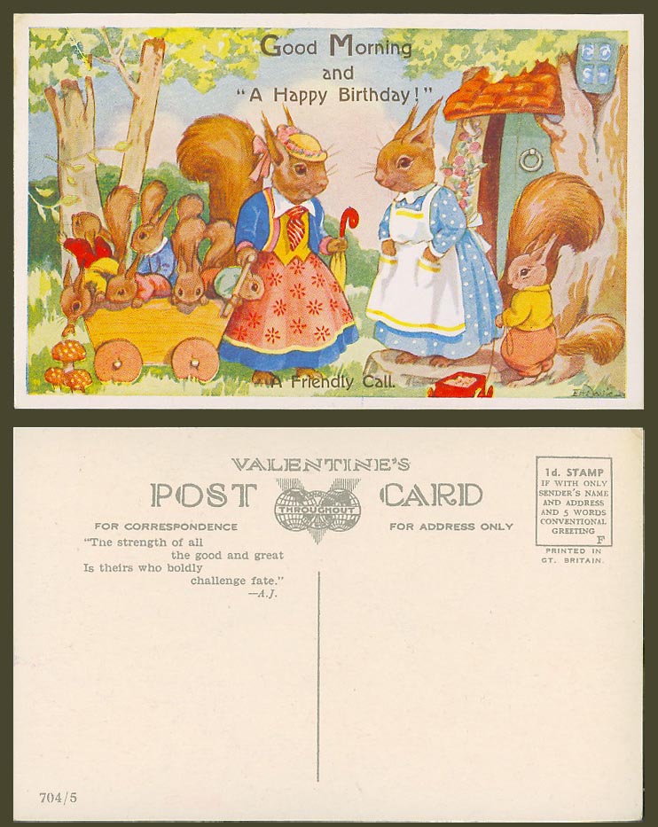 EH Davie Old Postcard Squirrels A Friendly Call Squirrel Good Morning & Birthday