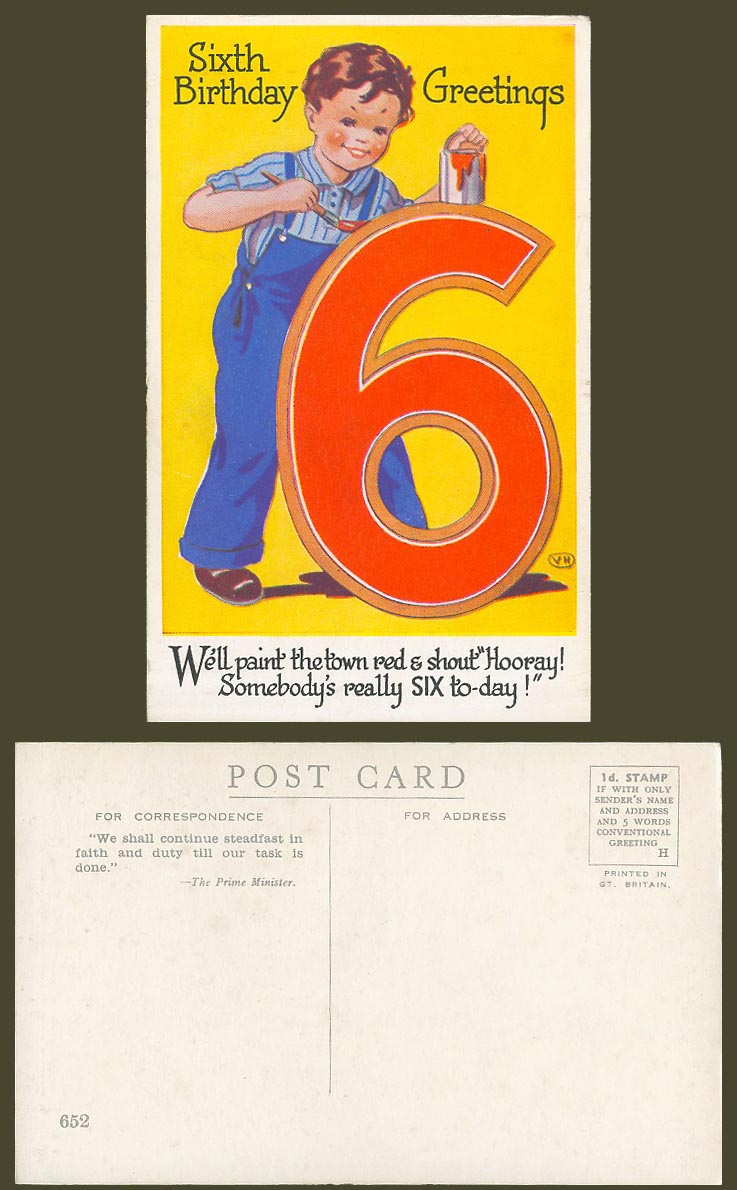 VH Old Postcard Sixth Birthday Greetings, Paint the Town Red, Hooray 6 Six Today