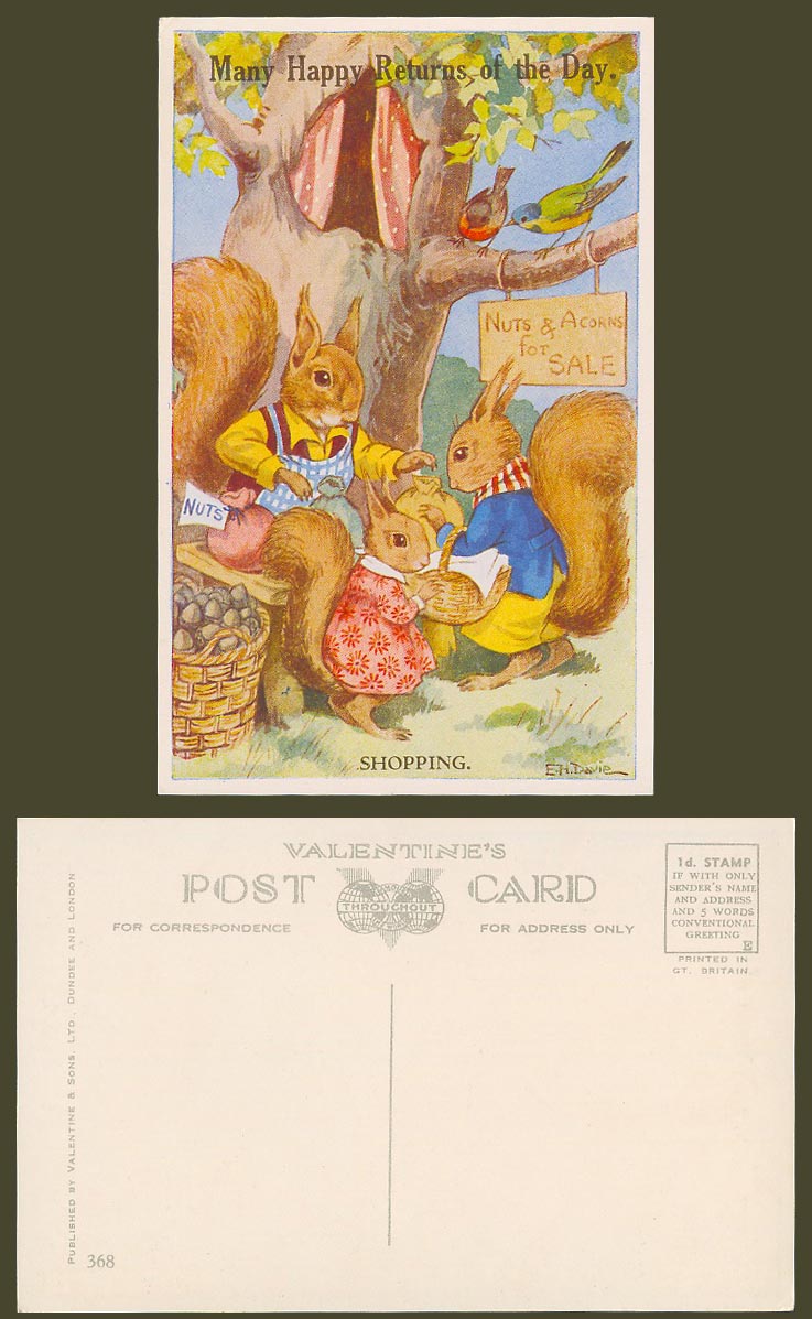 EH Davie Artist Signed Old Postcard Squirrels Shopping, Happy Returns of The Day