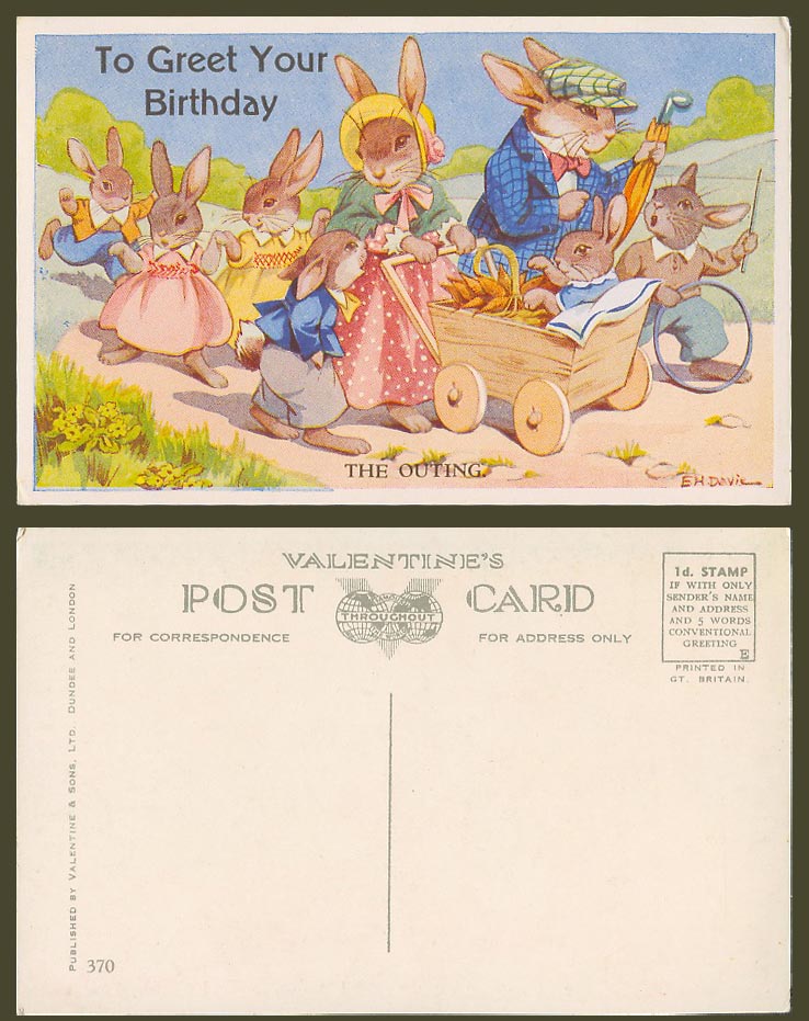 EH Davie Artist Signed Old Postcard The Outing Rabbits Bunnies Greet Ur Birthday
