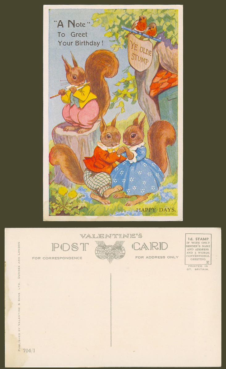 EH Davie Old Postcard Squirrels Happy Days A Note Greet U Birthday Ye Olde Stump