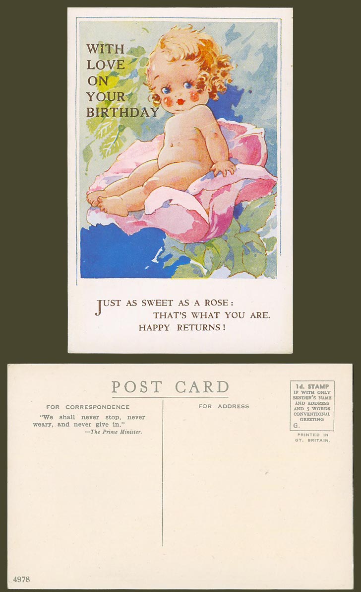 Agnes Richardson Old Postcard With Love on Your Birthday Just as sweet as a Rose