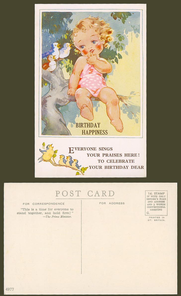 Agnes Richardson Old Postcard Girl Birds, Birthday Happiness, Sings Your Praises