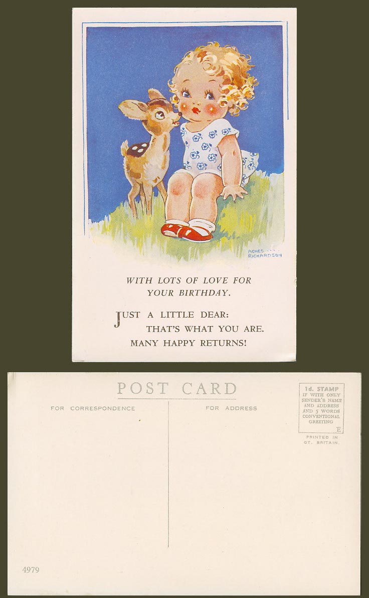 Agnes Richardson Old Postcard Girl and Deer, With Lots of Love for Your Birthday