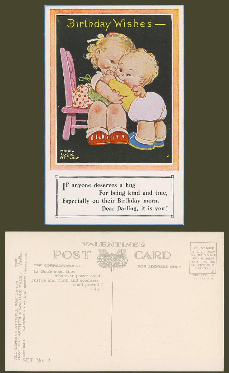 MABEL LUCIE ATTWELL Old Postcard Birthday Wishes You Deserves Hug Set No. 8 A.J.