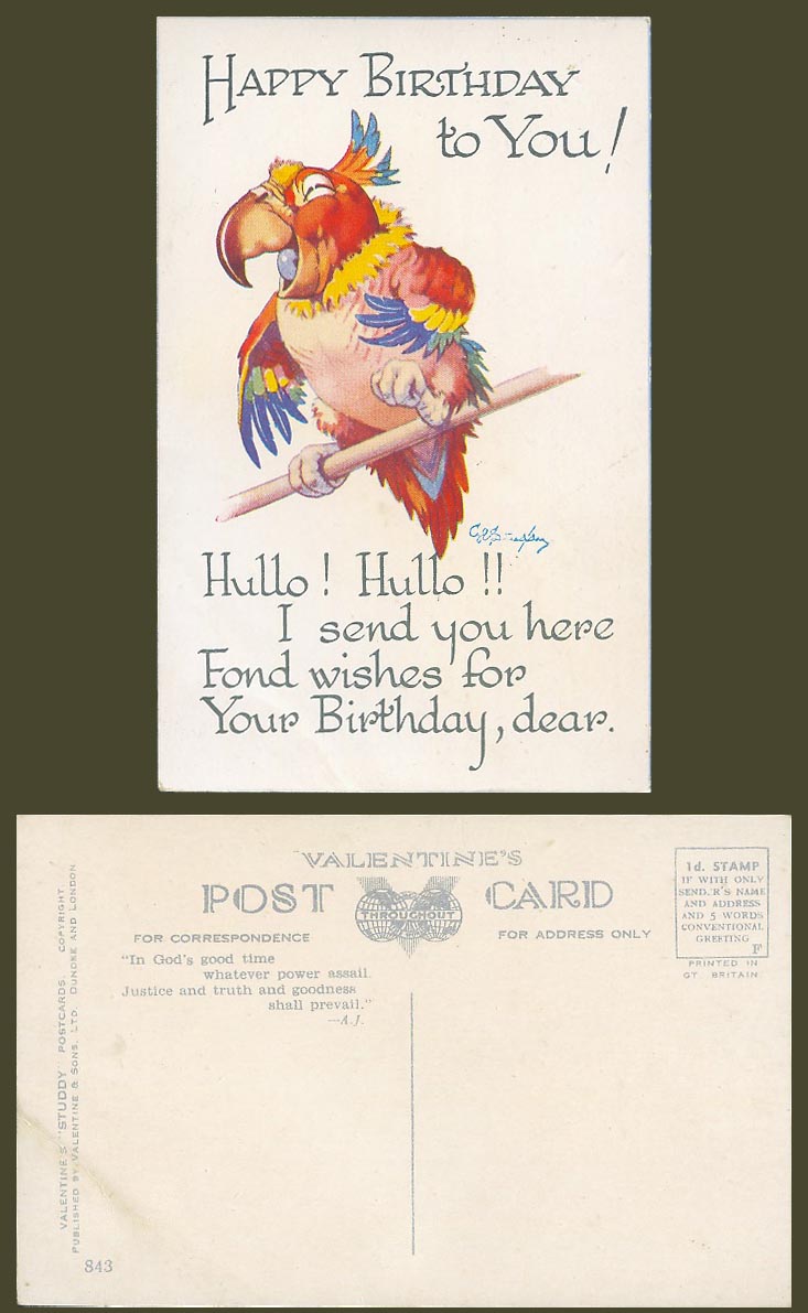 George Ernest Studdy Signed Old Postcard Parrot Bird Happy Birthday to You Hullo