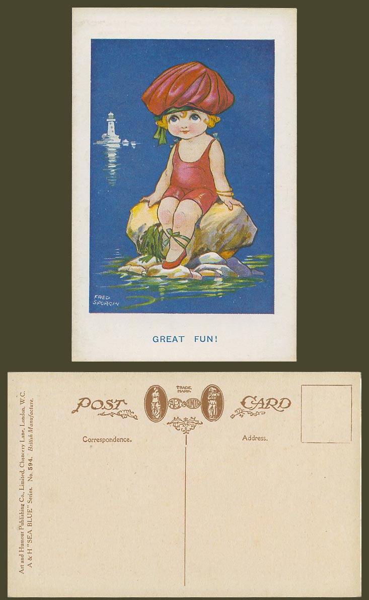 Fred Spurgin Old Postcard Little Girl sitting on Rock, Sea Lighthouse Great Fun!