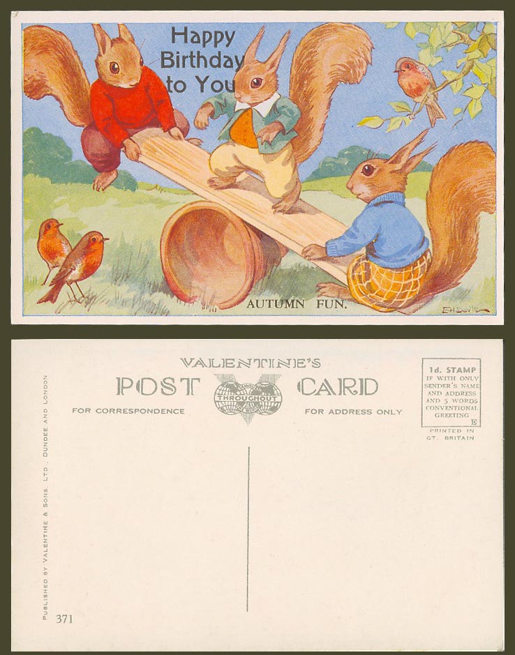 EH Davie Artist Signed Old Postcard Squirrels Robin Birds Autumn Fun Seesaw Game