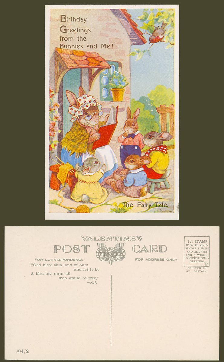 EH Davie Artist Signed Old Postcard The Fairy Tale -  Bunnies Birthday Greetings