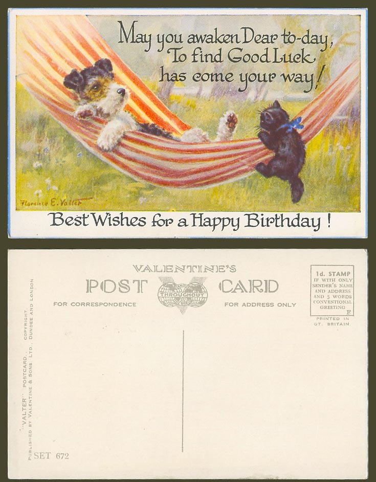 Florence E. Valter Old Postcard Dog Puppy Cat Kitten Hammock Happy Birthday Luck