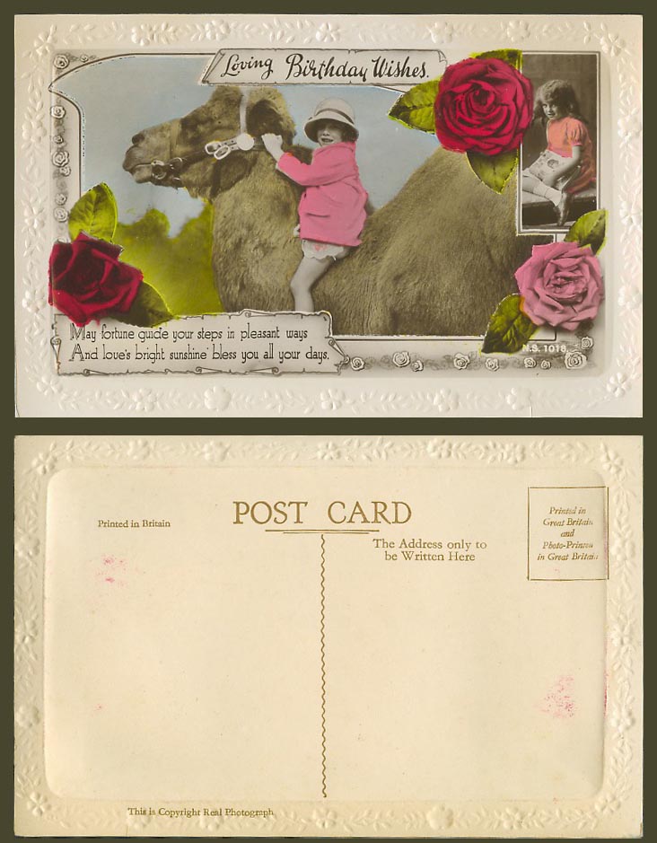 Girl Riding Camel, Roses Flowers Loving Birthday Wishes Old Embossed RP Postcard
