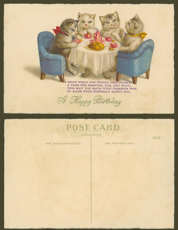 Cats Kittens Cat Kitten at Tea Party Tea Time Cake A Happy Birthday Old Postcard