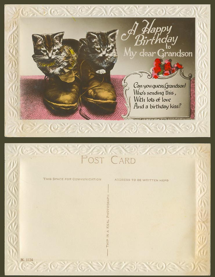 Cats Kittens in Boots Shoes A Happy Birthday to my Dear Grandson Old RP Postcard