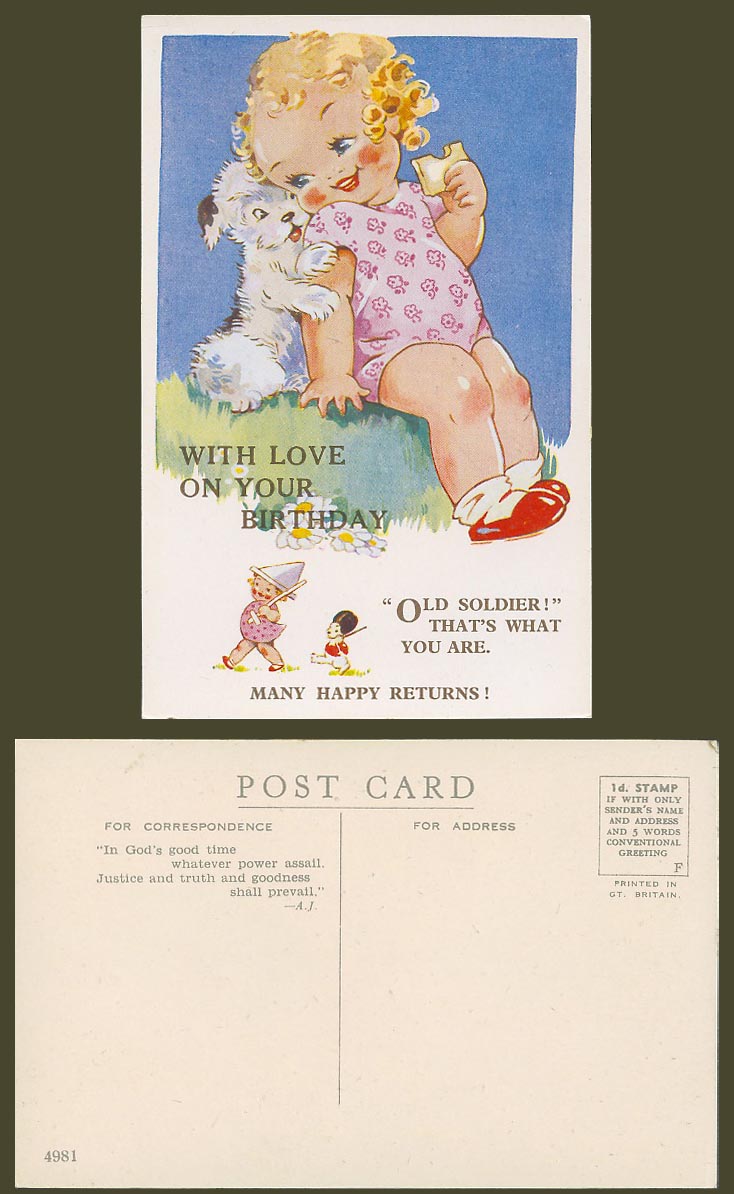 Agnes Richardson Old Postcard Girl Dog With Love on Your Birthday Ur Old Soldier