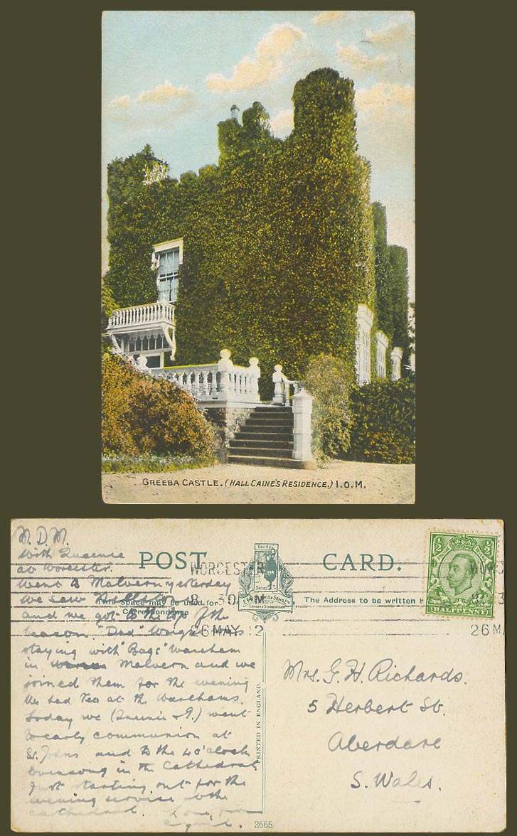 Isle of Man 1912 Old Colour Postcard Greeba Castle Hall Caine's Residence I.O.M.