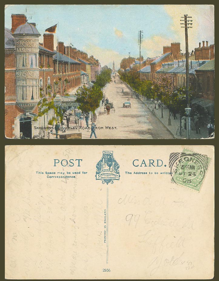 Skegness Lumley Road from West Street Scene Lincolnshire 1908 Old Color Postcard