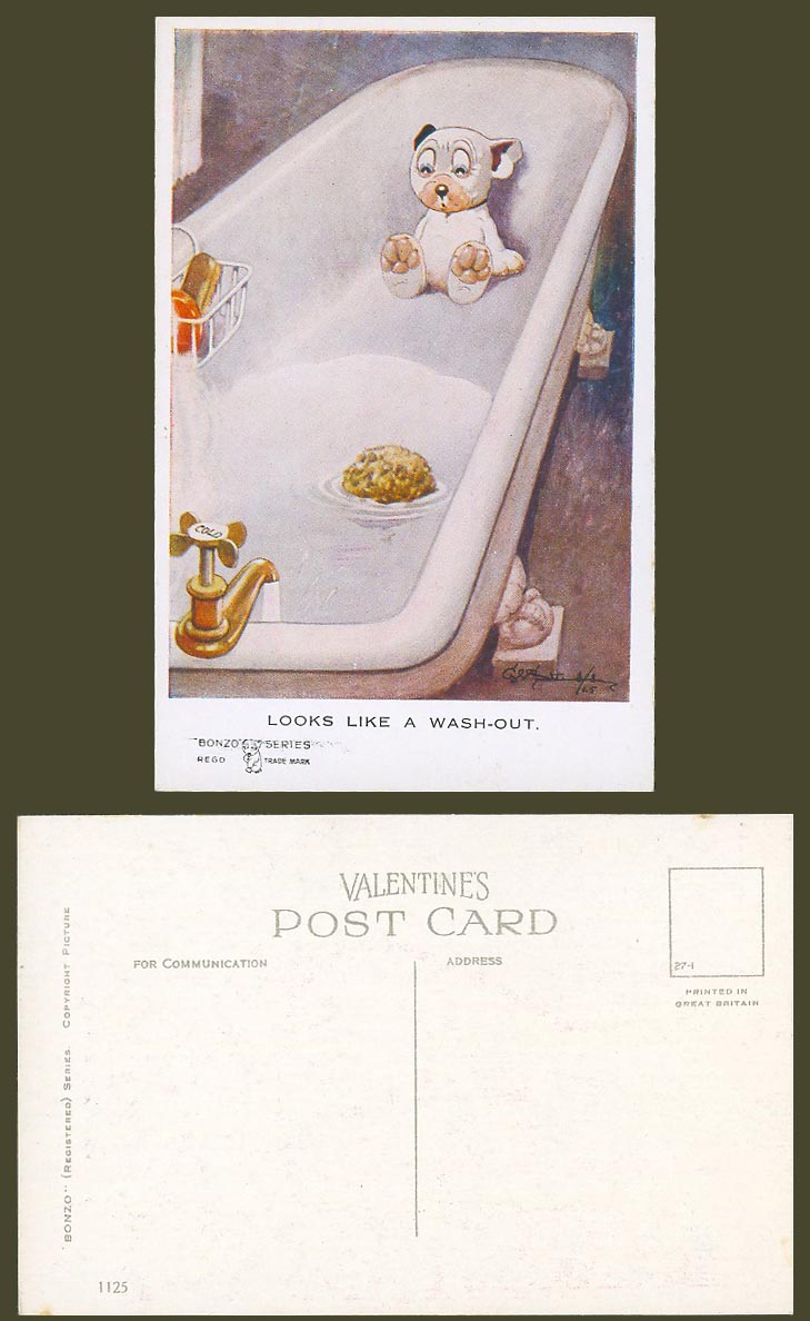 BONZO DOG GE Studdy Old Postcard Looks Like a Wash-Out, Cold Water Tap Bath 1125