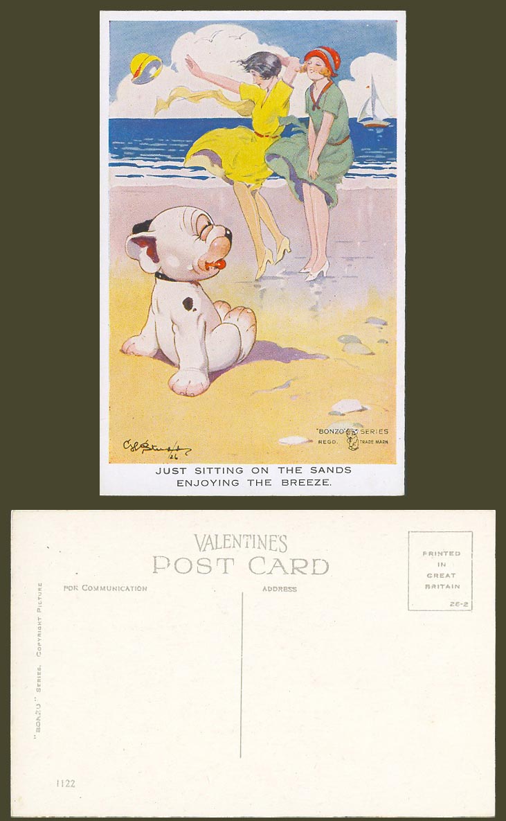 BONZO DOG GE Studdy Old Postcard Puppy Sitting On The Sands Enjoy Breeze No.1122