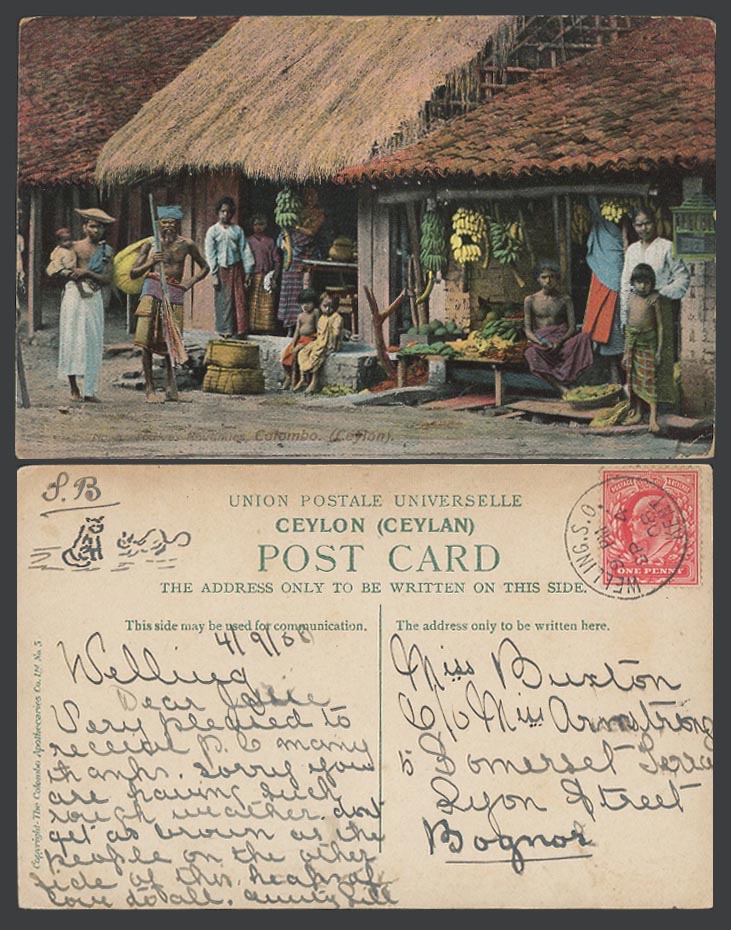 Ceylon GB KE7 1d 1908 Old Colour Postcard Natives Boutiques Colombo Men Children