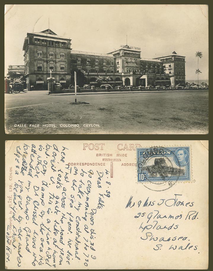 Ceylon KG6 Sigiriya 10c 1939 Old Real Photo Postcard Galle Face Hotel, Colombo