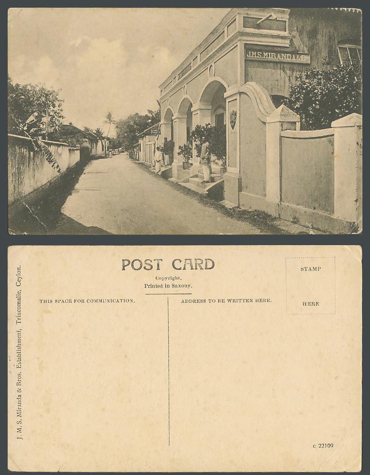 Ceylon Old Postcard Trincomalie Street Scene J.M.S. Miranda & Bros Establishment