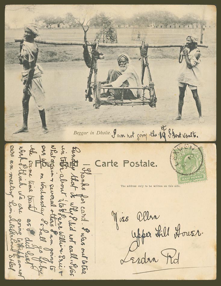 India GB KE7 1/2d 1908 Old Postcard Native Beggar in Dholie, Coolies Carry Chair