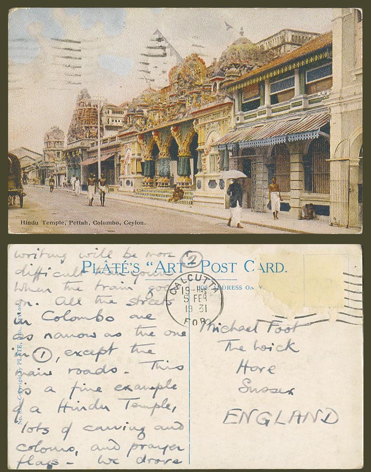 Ceylon 1931 Old Postcard Hindu Temple, Pettah, Street Scene Colombo, Plate's ART