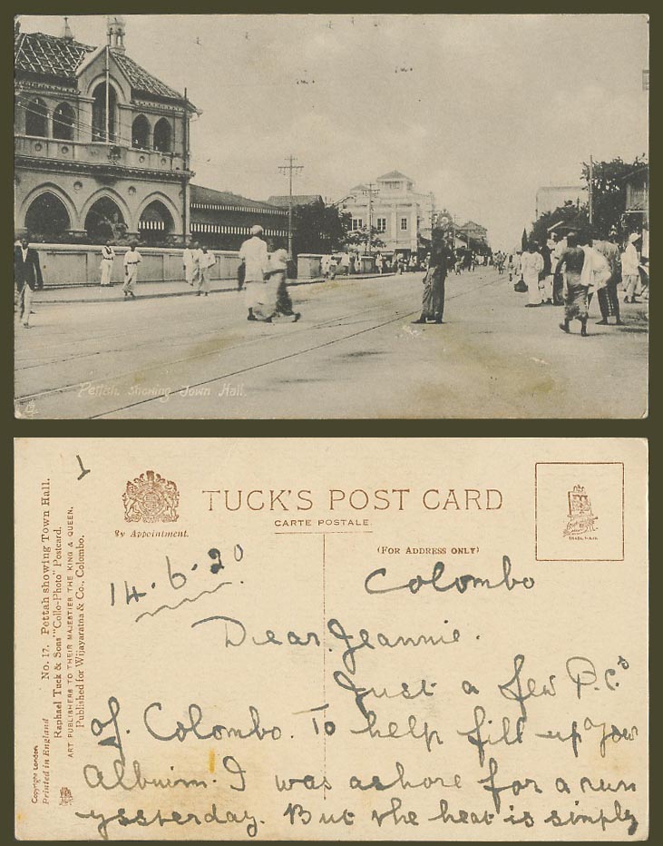 Ceylon 1920 Old Tuck's Postcard Pettah, showing Town Hall, Street Scene, Colombo