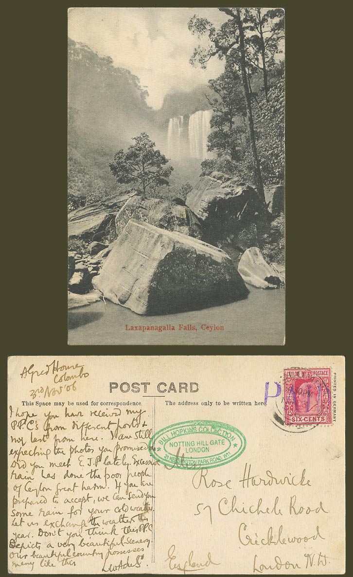 Ceylon, Colombo KE7 6c 1906 Old Postcard Laxapanagalla Falls Laxapana Waterfalls