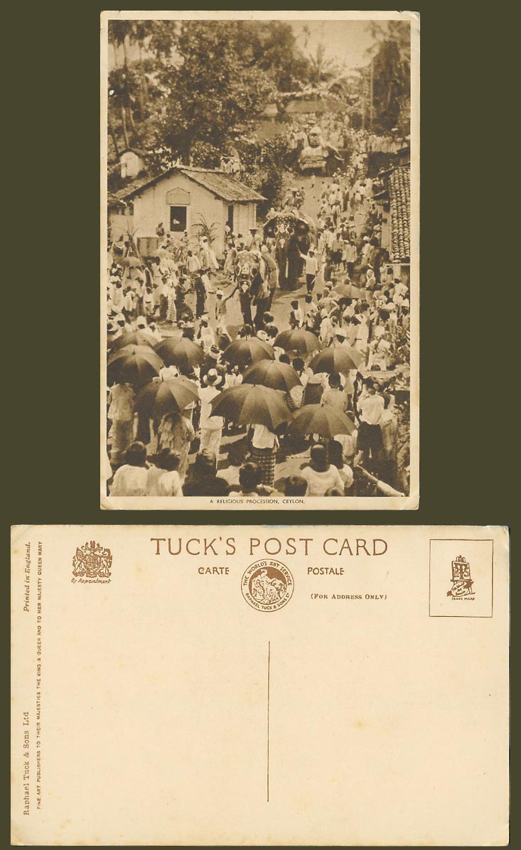 Ceylon Old Tuck's Postcard A Religious Procession, Elephant Riders, Street Scene