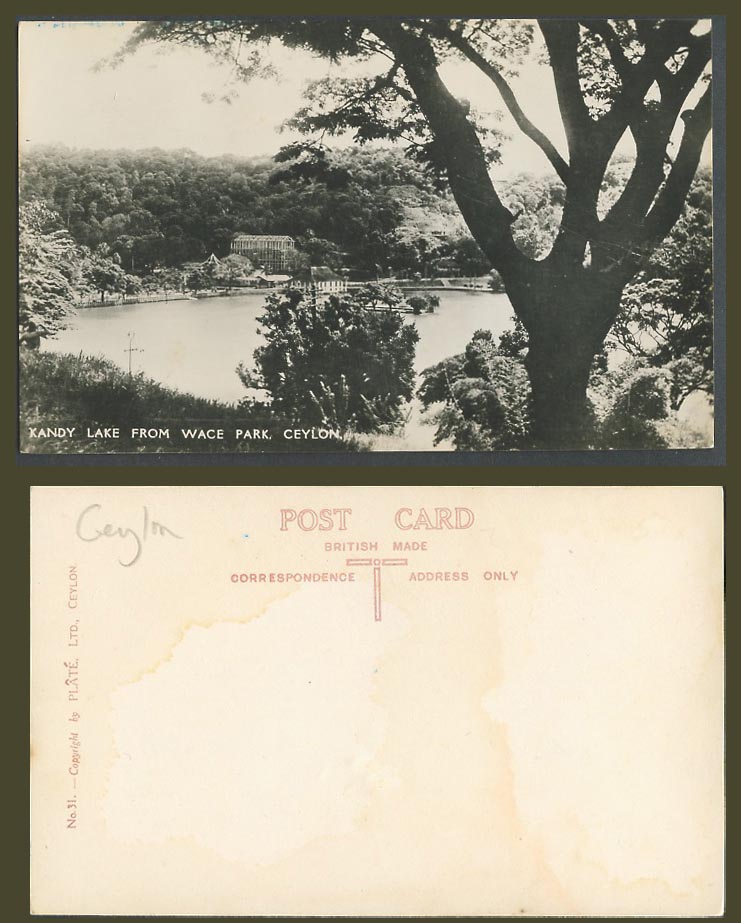 Ceylon Old Real Photo Postcard KANDY LAKE from WACE PARK Panorama, Plate Ltd. 31