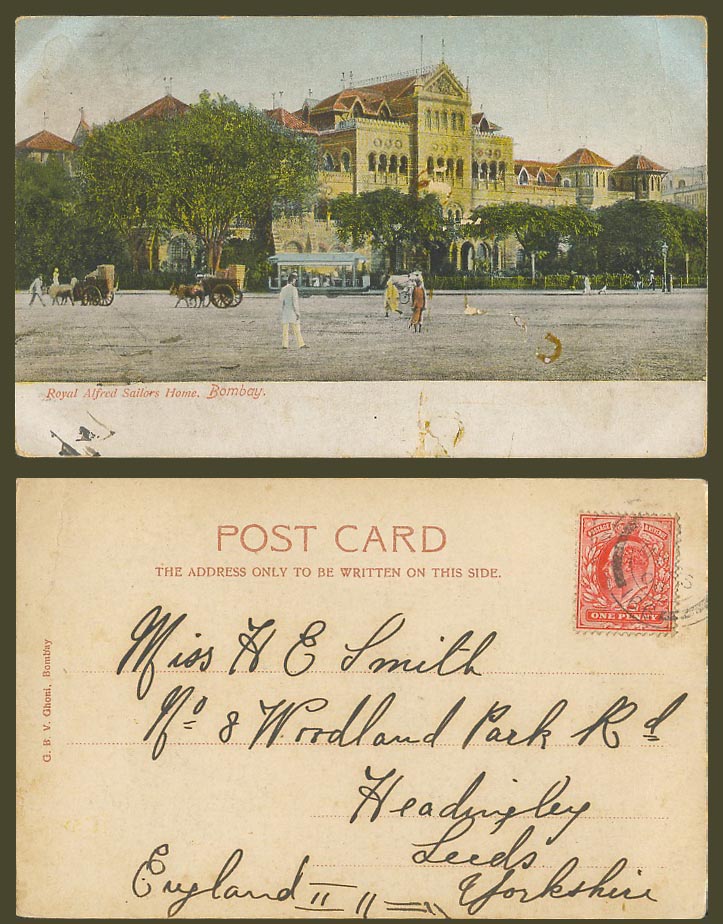 India GB KE7 1d 1906 Old UB Postcard Royal Alfred Sailors Home Bombay TRAM Carts