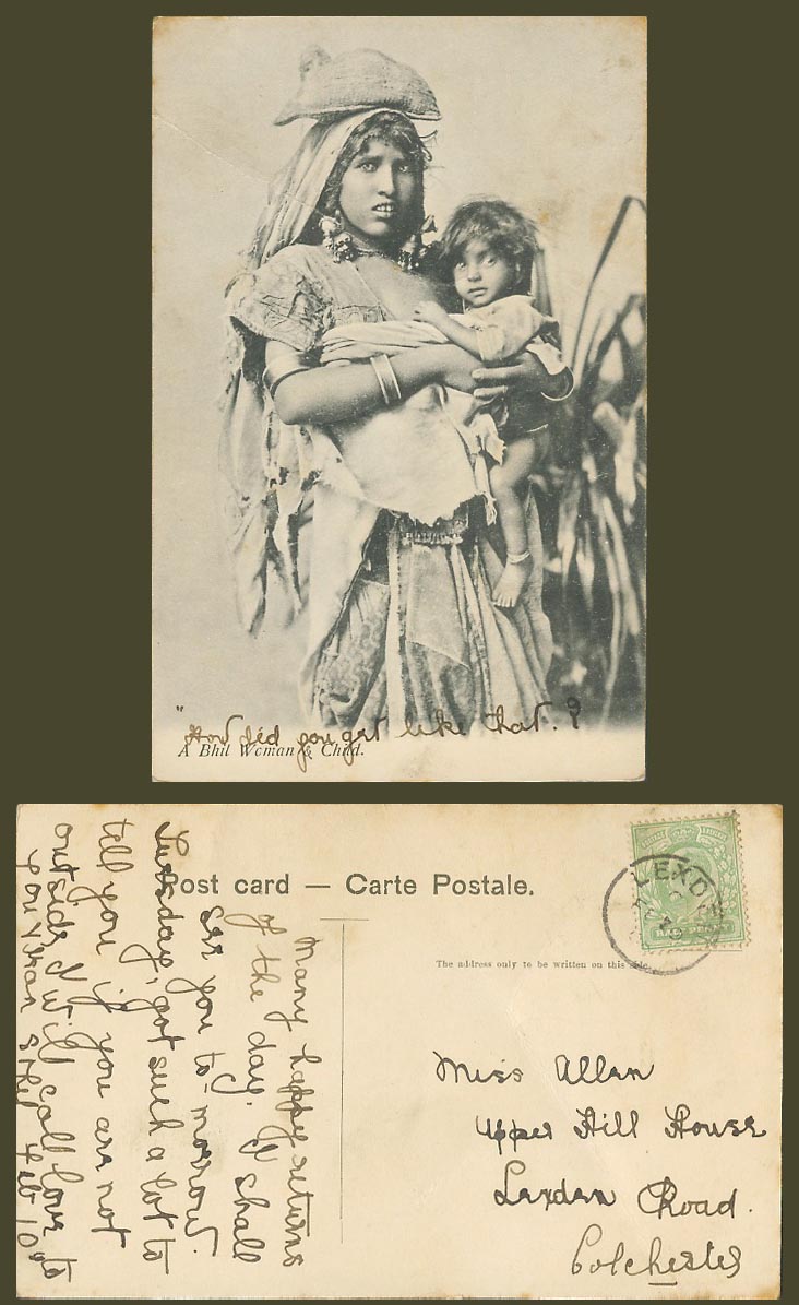 India 1908 Old Postcard A Bhil Woman and Child, Native Lady Traditional Costumes