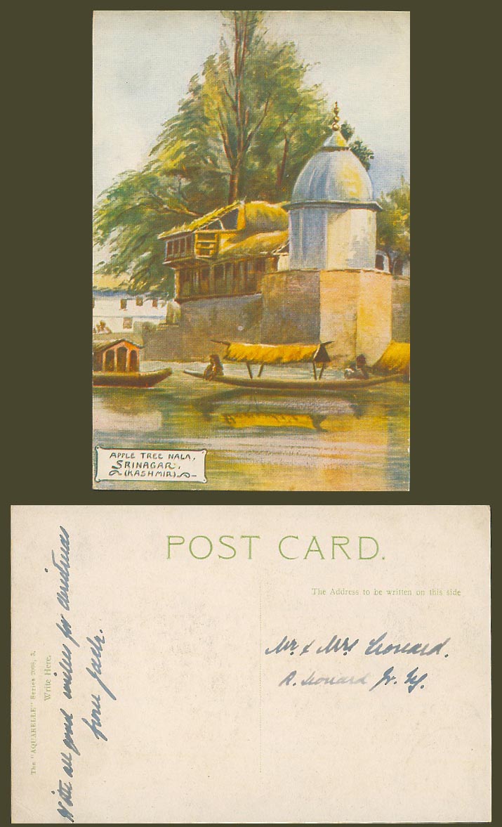 India Art Artist Drawn Old Postcard Apple Tree Nala, Srinagar Kashmir Boat Canoe