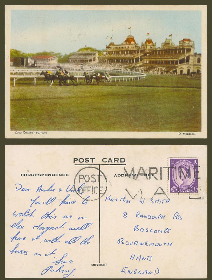 India War Time Mail PO QE2 3d Old Postcard Calcutta Horse Race Course Racecourse