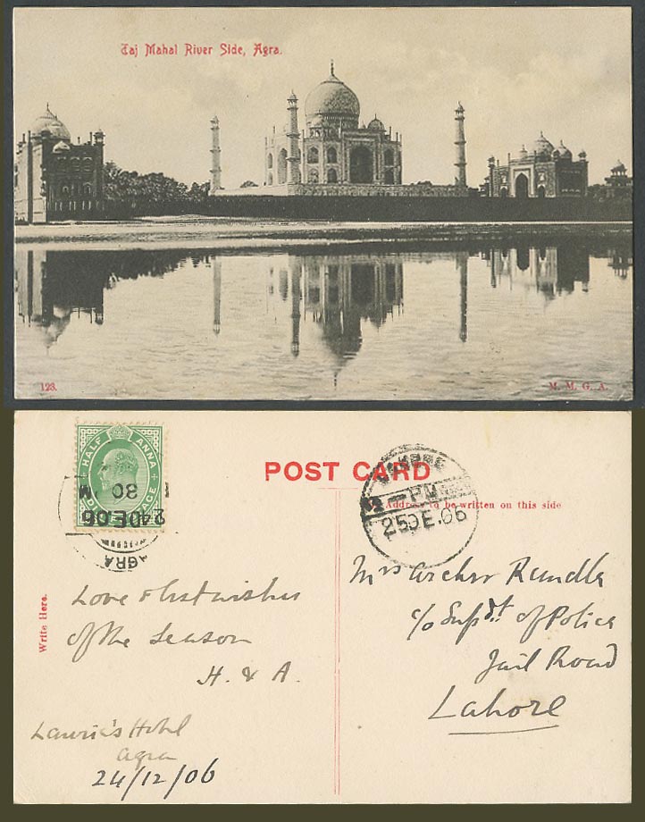 India, Agra to Lahore KE7 1/2a 1906 Old Postcard Taj Mahal River Side Agra, Xmas