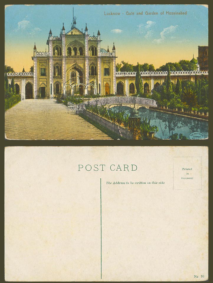 India Old Colour Postcard Gate and Garden of Hussainabad Lucknow Bridge Lake 16.