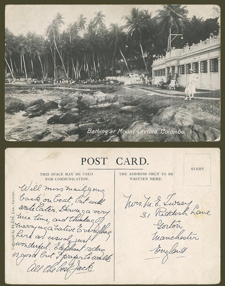 Ceylon Old Postcard Bathing at Mount Lavinia Hotel, Colombo,  Bathers Palm Trees
