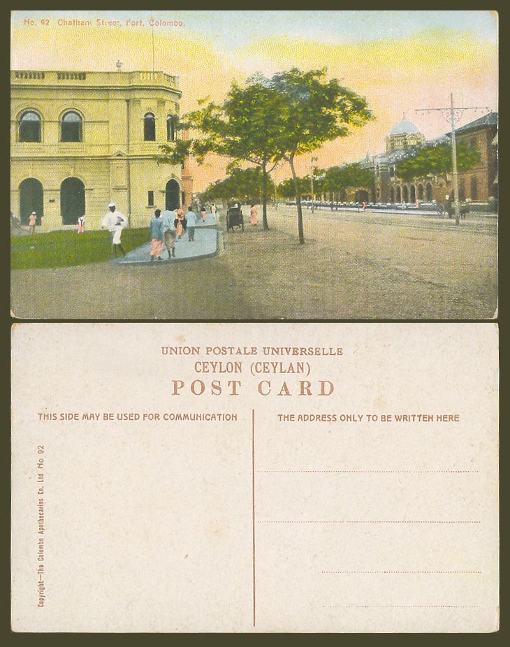 Ceylon Old Colour Postcard Chatham Street Scene, Fort, Colombo, Sri Lanka No. 92