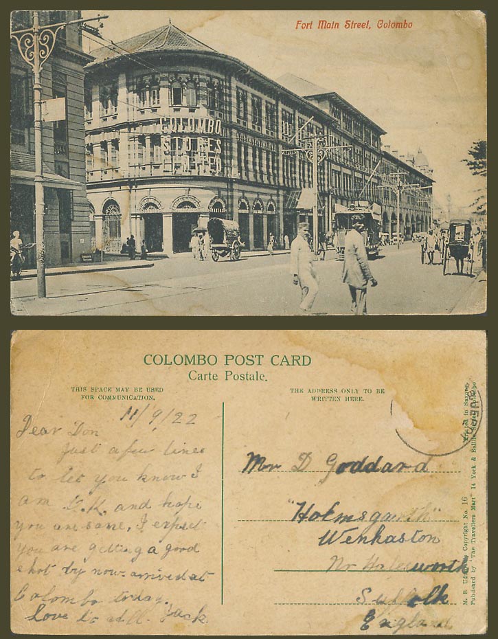 Ceylon 1922 Old Postcard Fort Main Street Scene, Colombo Stores Limited, TRAM