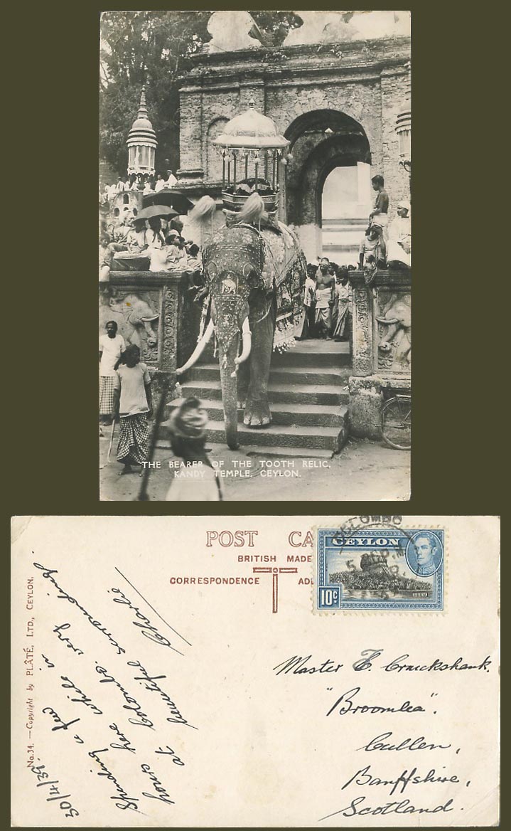 Ceylon KG6 10c 1939 Old Real Photo Postcard ELEPHANT Bearer of Tooth Relic Kandy