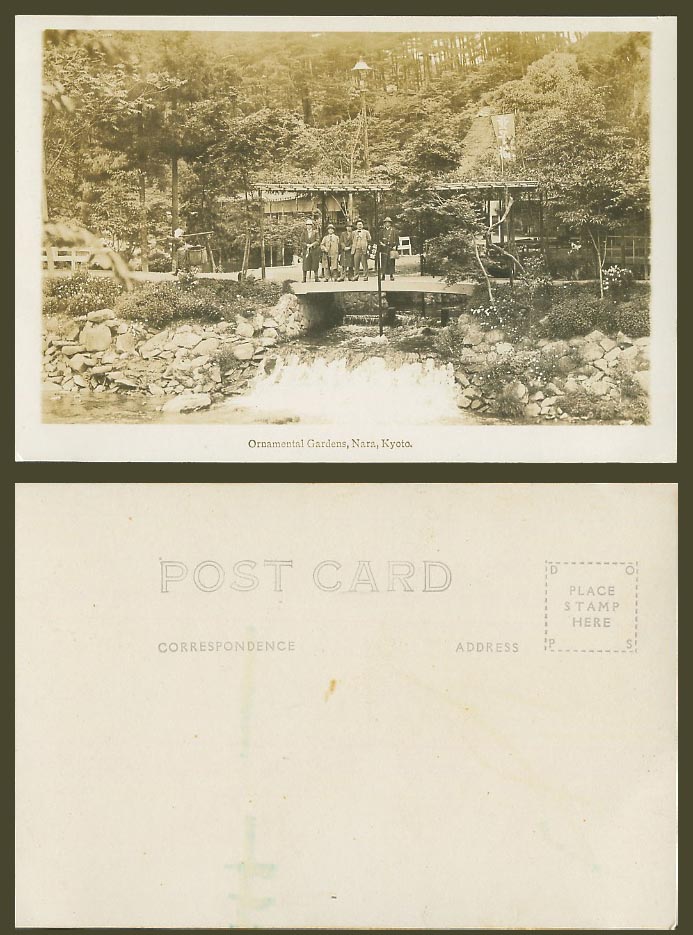Japan Old Real Photo Postcard Ornamental Garden, Nara, Kyoto, Men on Bridge 京都奈良