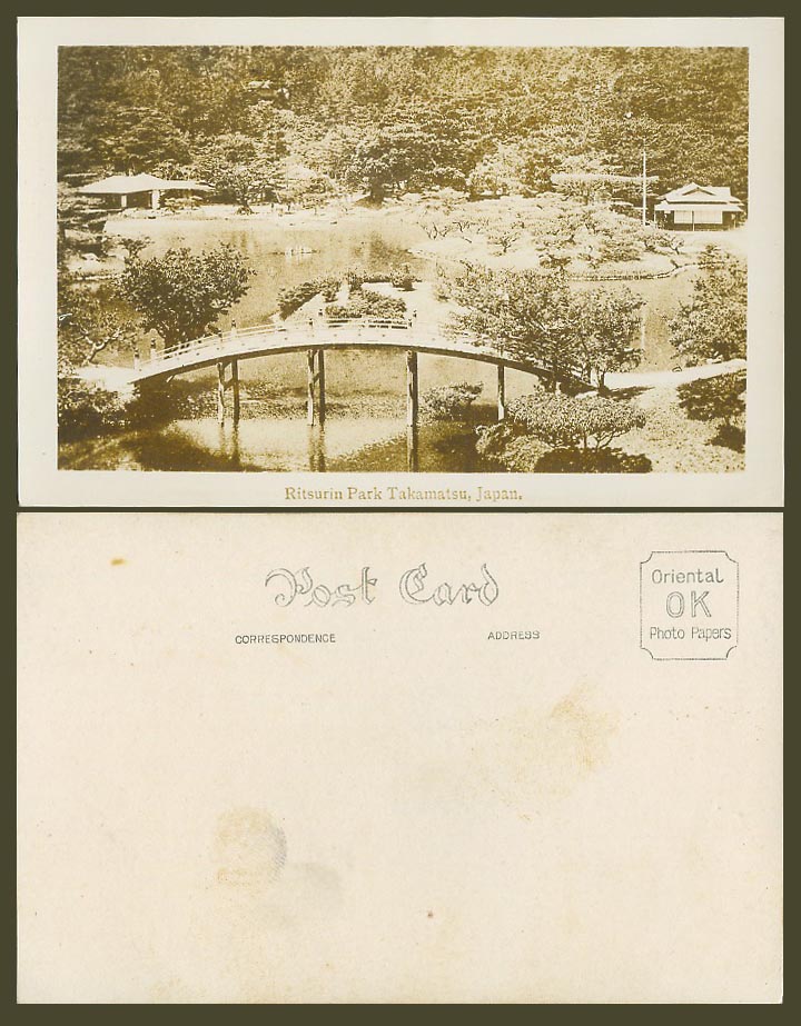 Japan Old Postcard Ritsurin Park Takamatsu, Garden Arched Bridge Lake River 栗林公園