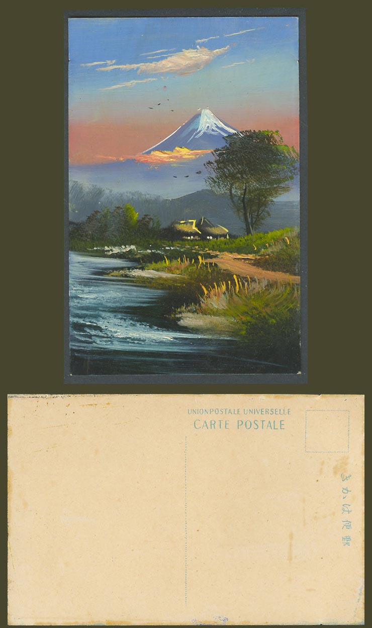 Japan Old Genuine Hand Painted Postcard Mt. Fuji, River Houses Huts Trees Sunset