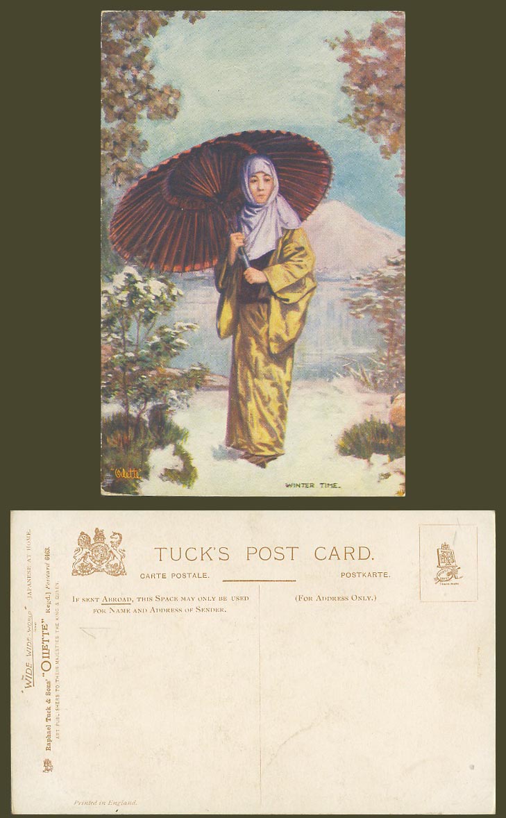 Japan Old Tuck's Oilette Postcard Winter Time Japanese Woman Mortimer Menpes ART