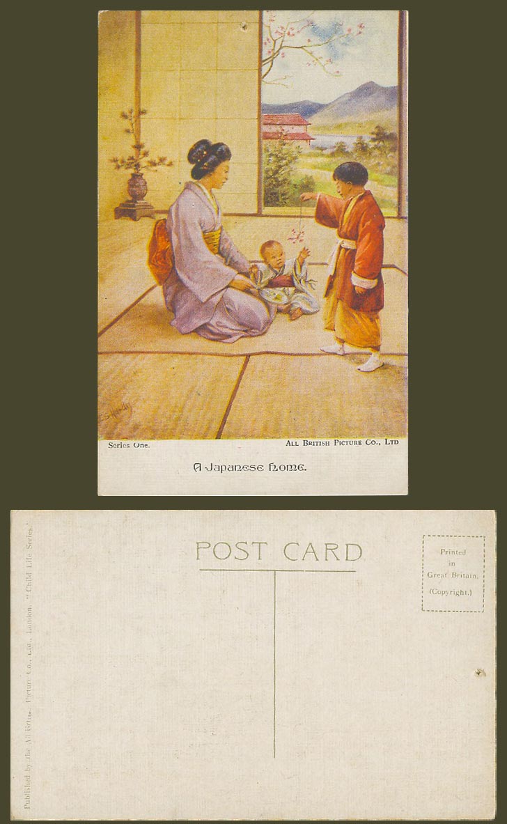 Japan Old Postcard A Japanese Home, Woman Baby Boy Children at Play by E S Hardy