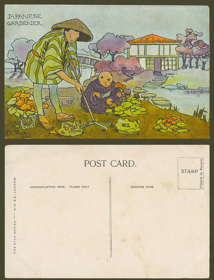 Japan Comic Artist Signed L.E. Hick 1906 Old Postcard Japanese Gardener & Garden