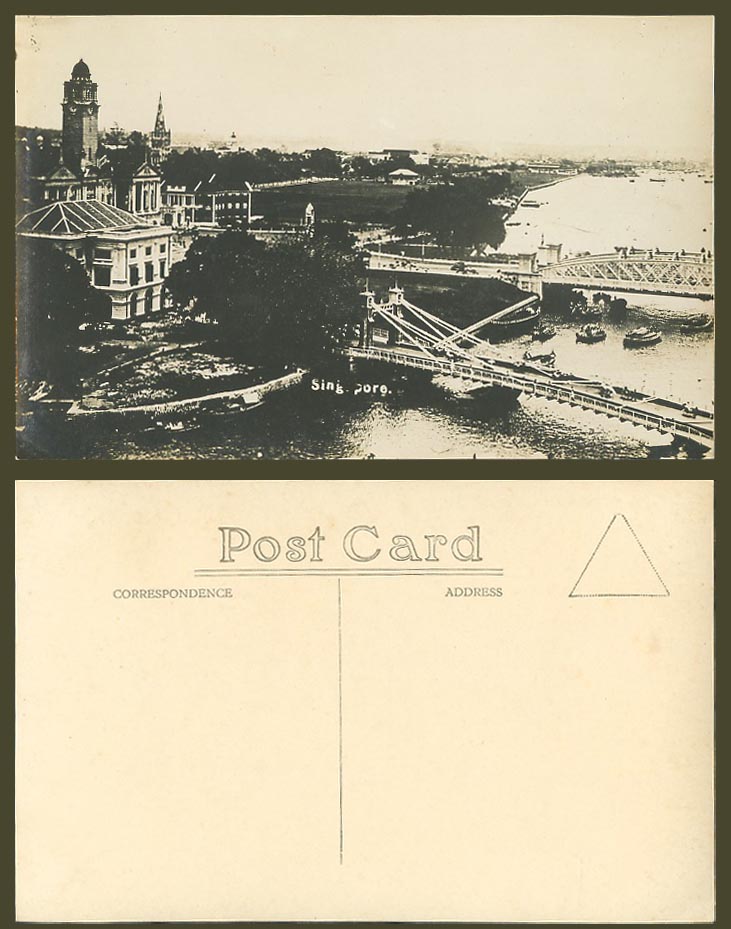Singapore Old Real Photo Postcard Anderson Bridge, Boats Clock Tower Aerial View